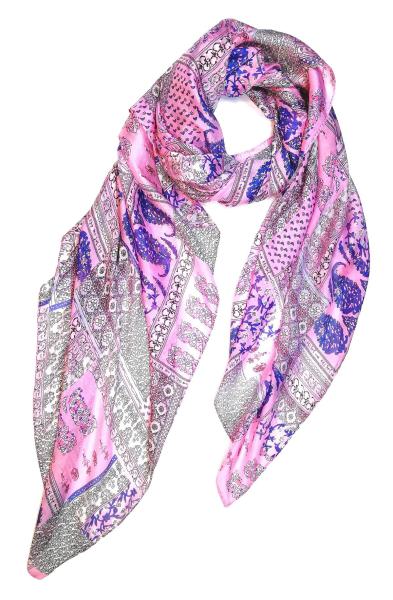 Scarf 100% Silk Paj Festive Colorful Pink Blue Grey